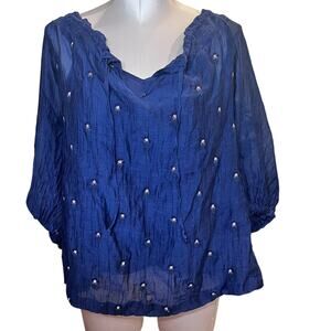 Sundance Blouse Womens Large‎ Blue Embroidered Sheer Boho Peasant Floral Top